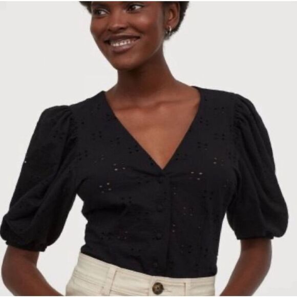 H&M top | black eyelet corset blouse puff sleeves | size small - Picture 2 of 11